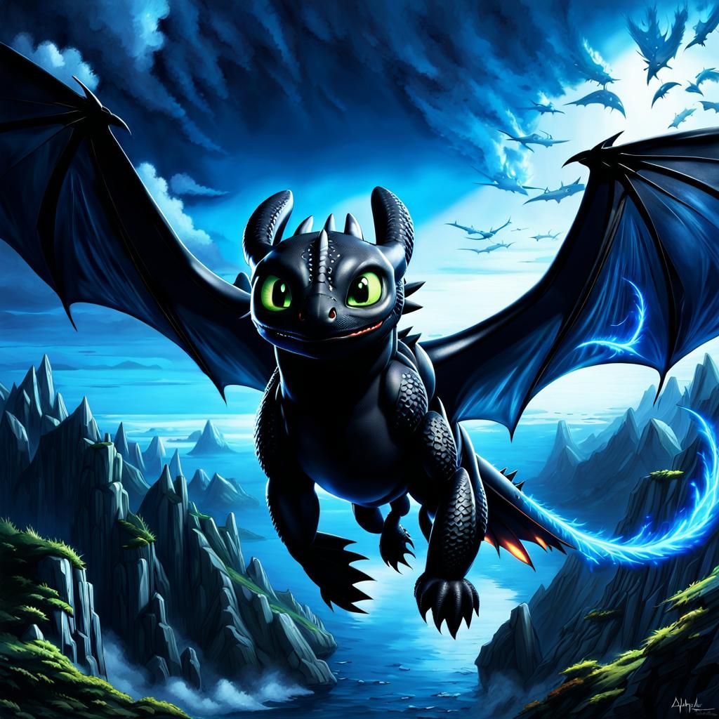 Toothless the Dragon in Flight: Hyperrealistic Anime Art