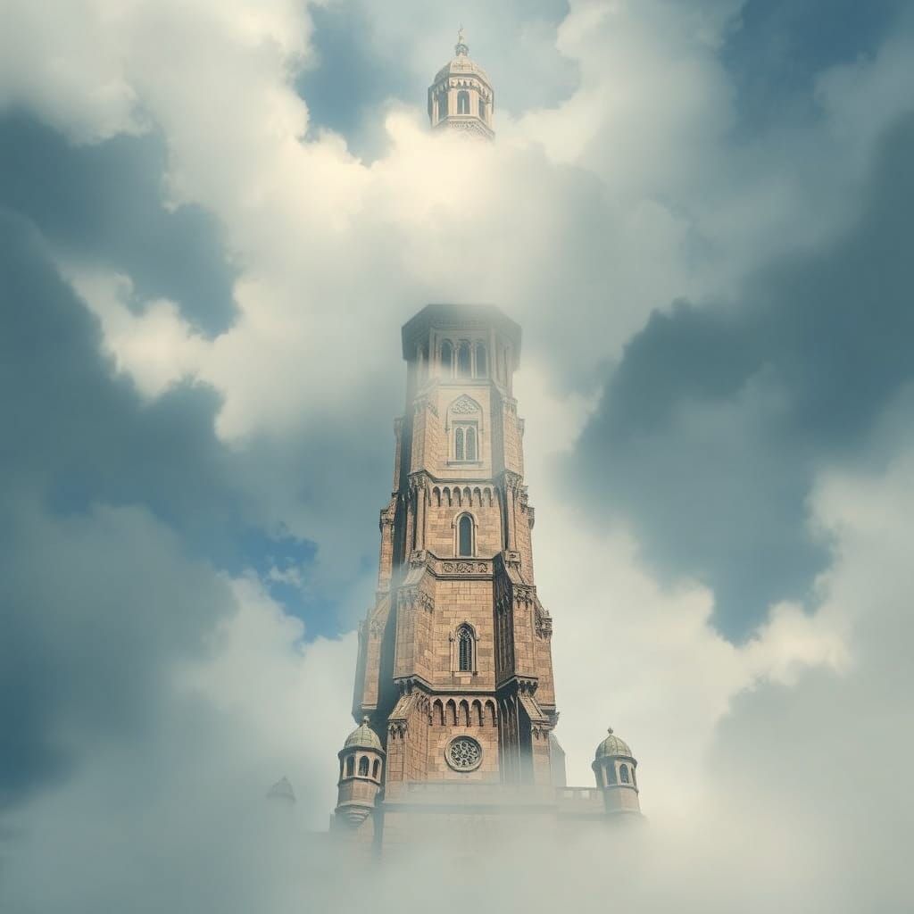 Mystical Stone Tower Ascending into Cloudy Heavens