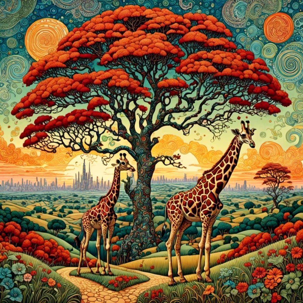 Surreal Giraffe in African Sunset, Collage Style