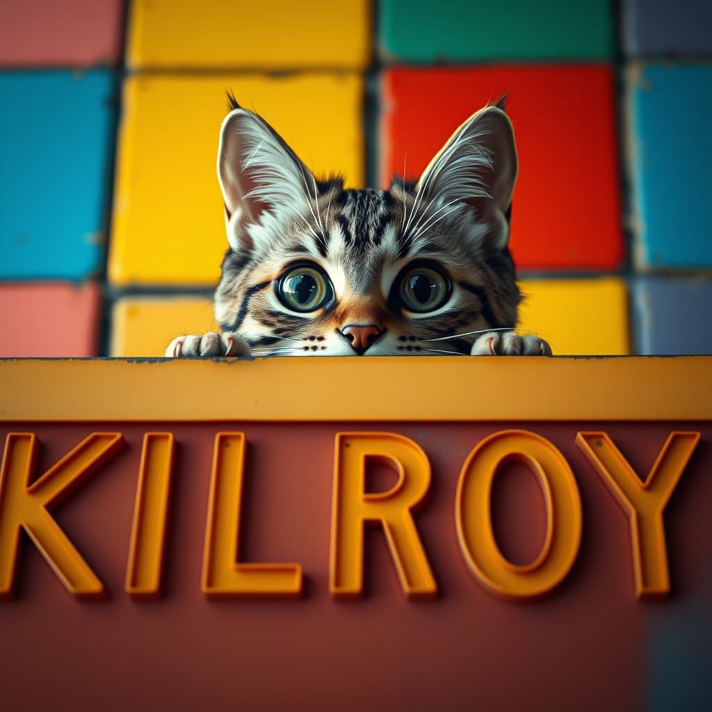 Cat Behind Kilroy Sign, Cinematic Digital Art