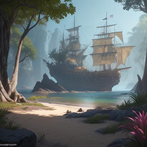 Minimalist Pirate Map with Vegetation in Matte Painting Styl...