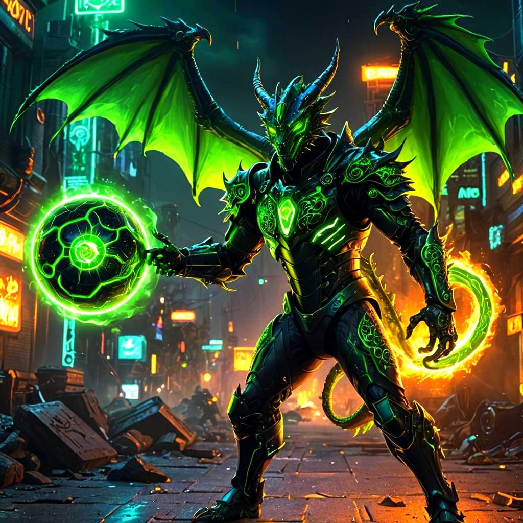 Cybernetic Dragon Swordsman with Fireball, Digital Art
