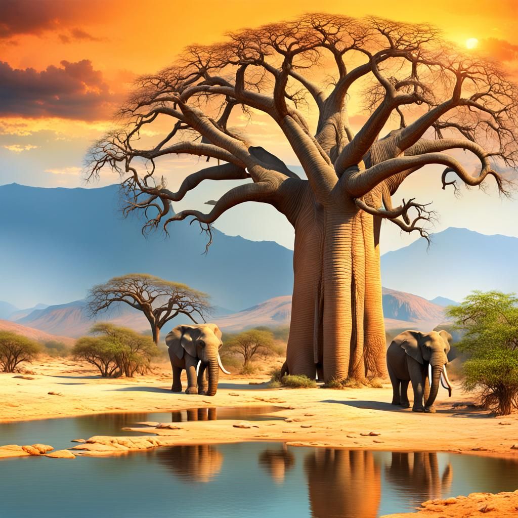 African Elephant Family in Maximalist Digital Painting