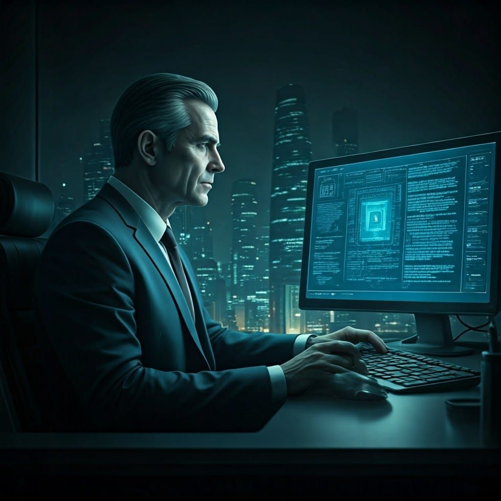 Dystopian Corporate Executive in Futuristic Office