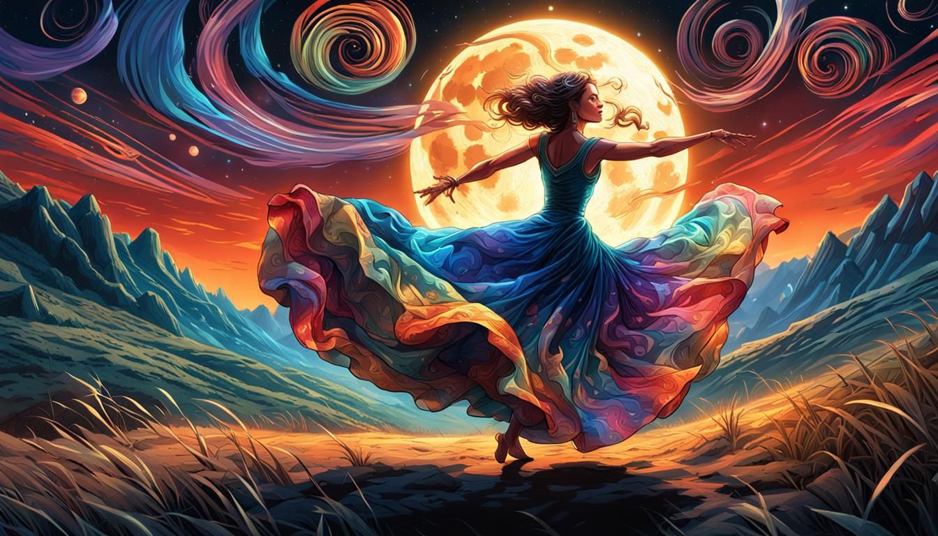 Woman Dancing in Moonlight with Flowing Dress