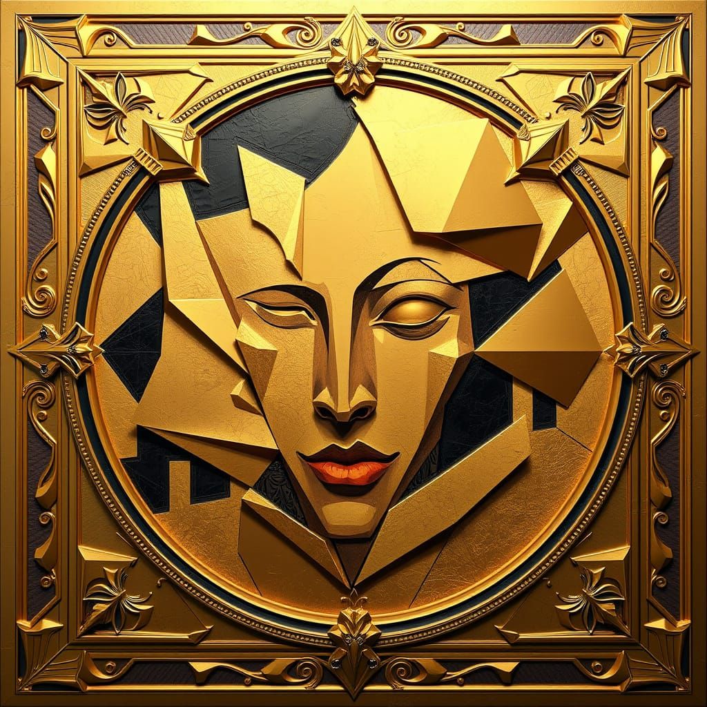 Luxurious Gold Cubist Artwork in Neo-Cubist Style