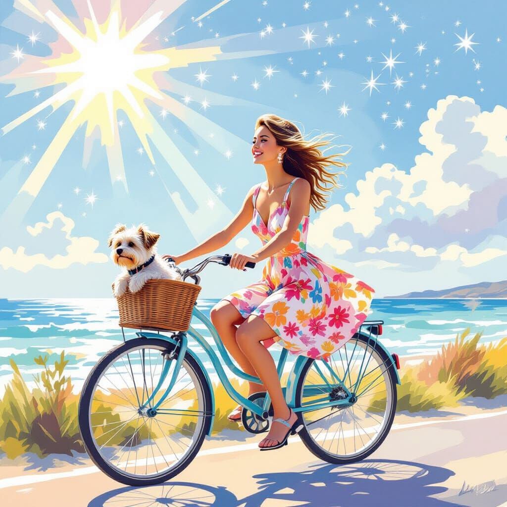 Joyful Seaside Bicycle Ride with Dog in Watercolor Style