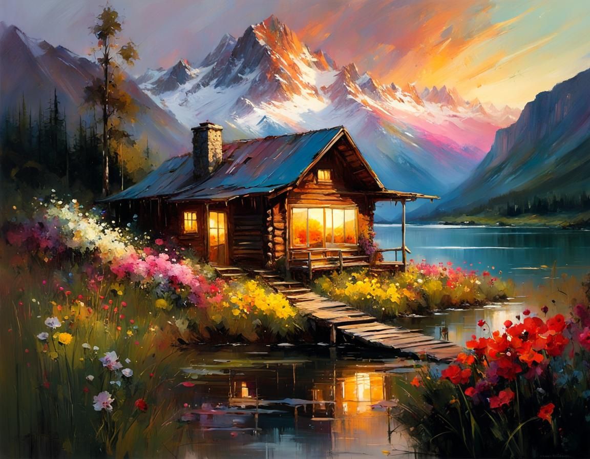 Mountain Landscape Painting at Sunset