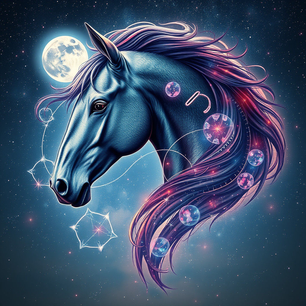 Cosmic Horse with Moon: Holographic Astral Illustration