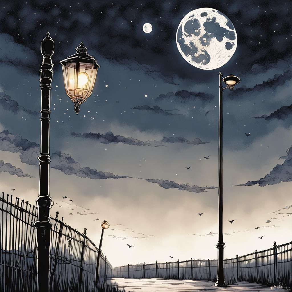 Anime Style Postcard of Moonlit Sky and Lamppost