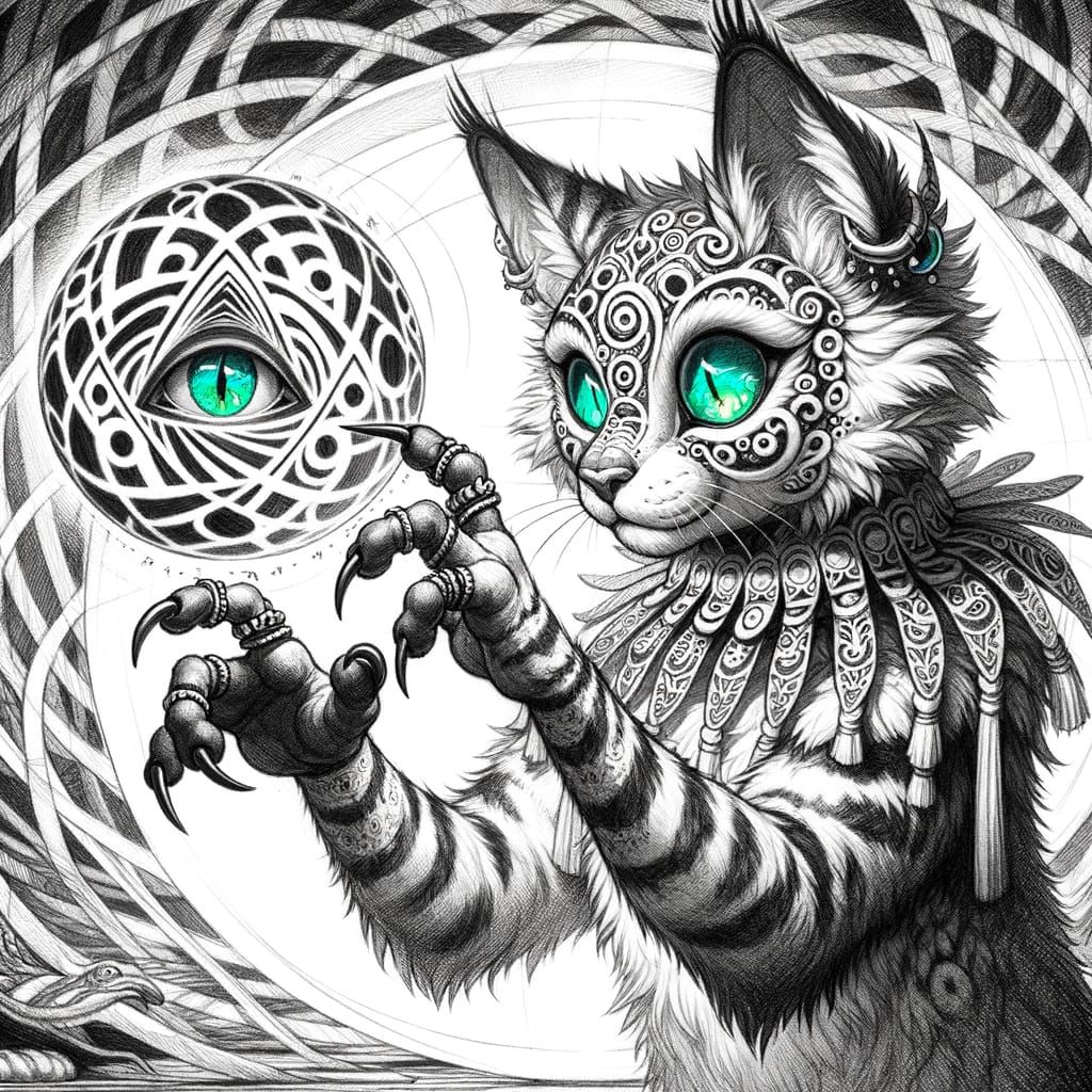 Anthropomorphic Cat in Haitian-Inspired Art with Optical Ill...