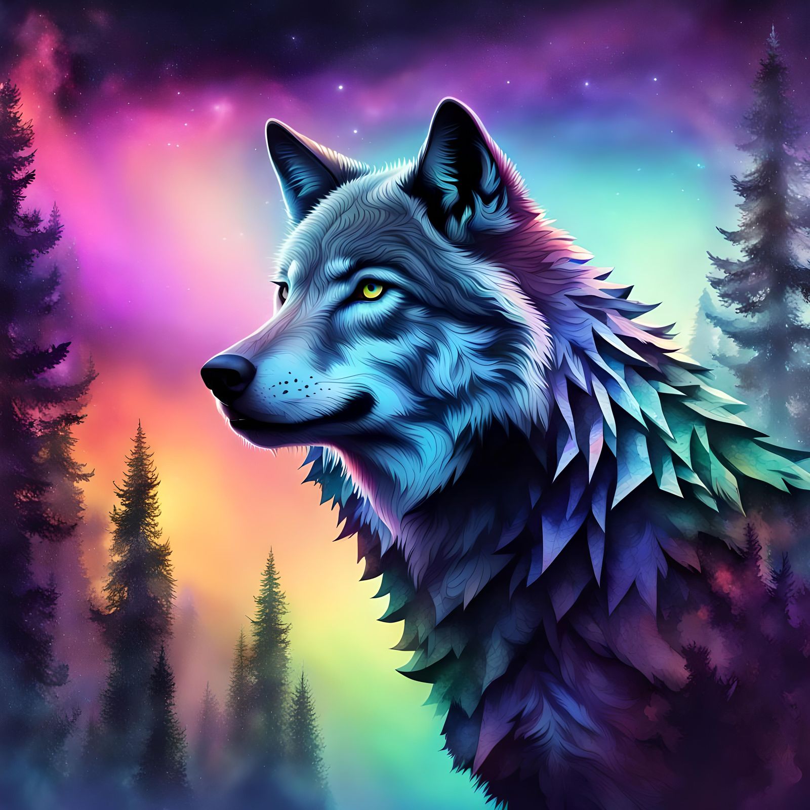 Double Exposure Wolf in Frozen Forest Aurora