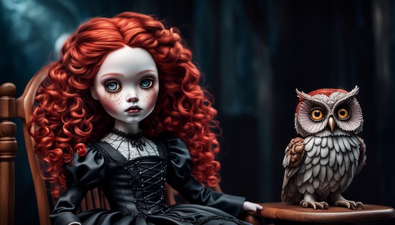 Gothic Doll with Red Hair and Owl