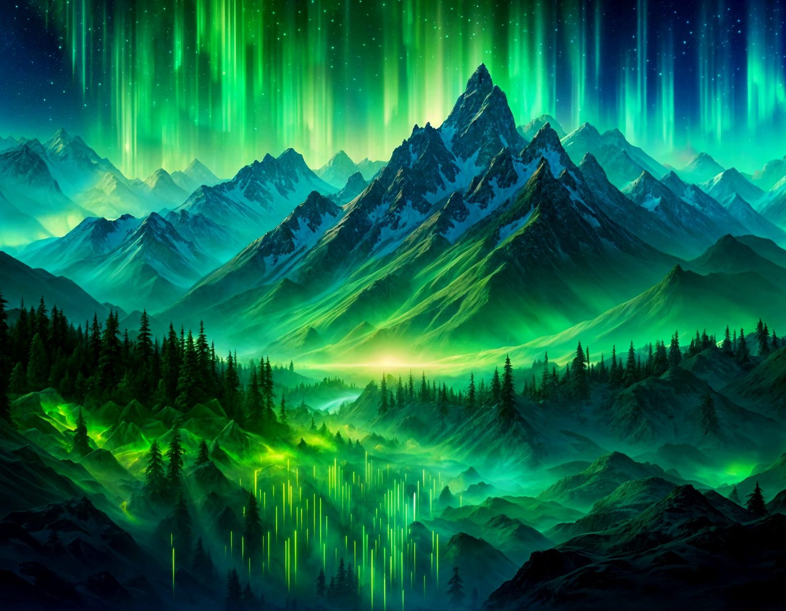 Ethereal Matrix Code Illuminates Majestic Mountain Range