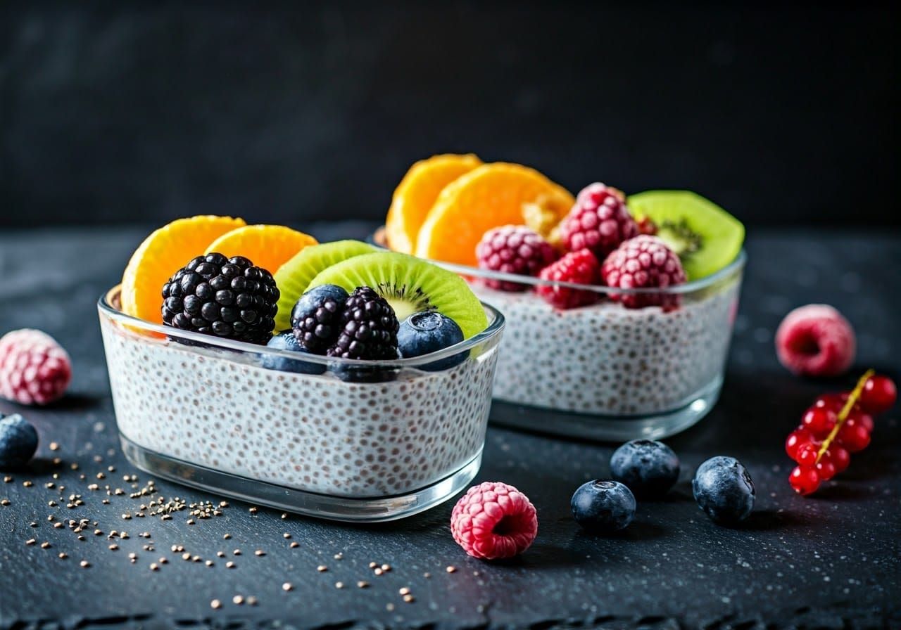 Sleek Chia Seed Puddings on Dark Slate Surface in Vibrant Fr...
