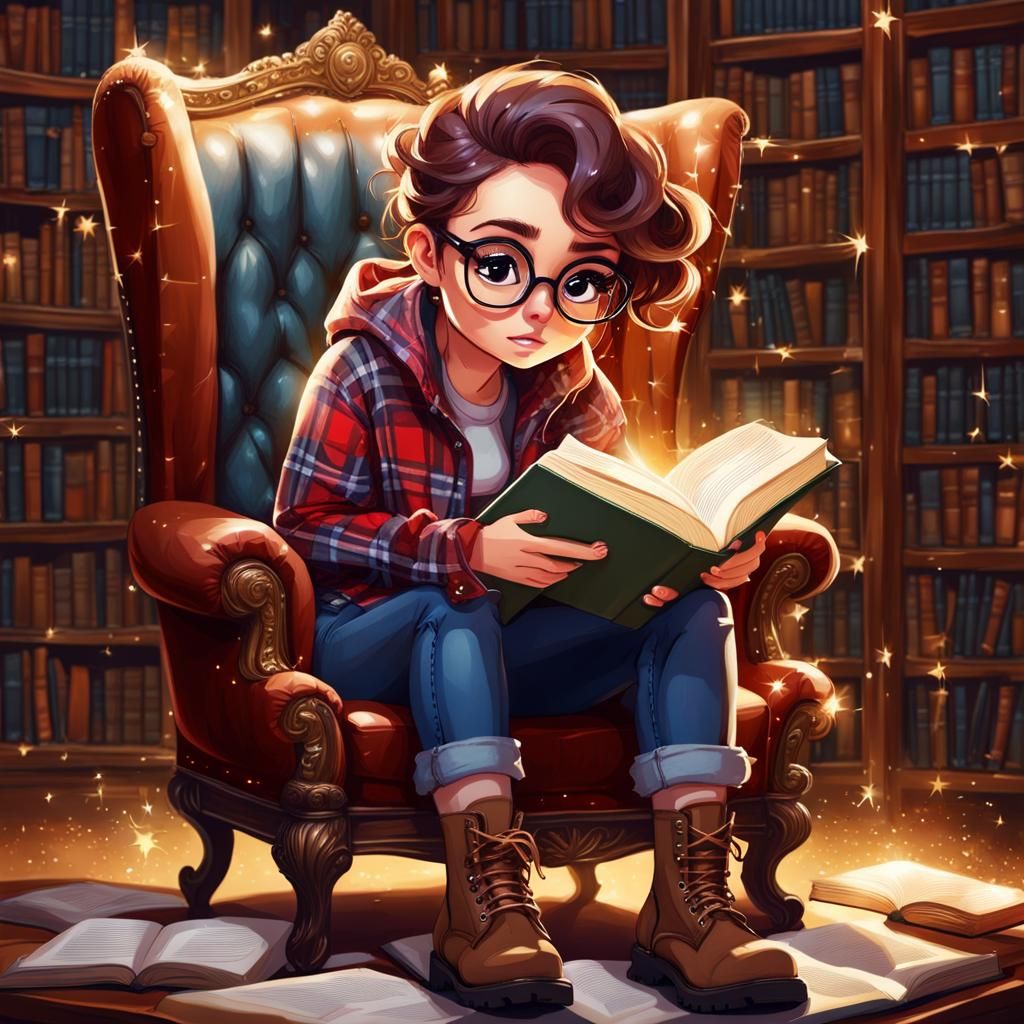 Girl Reading Book in Library Chair