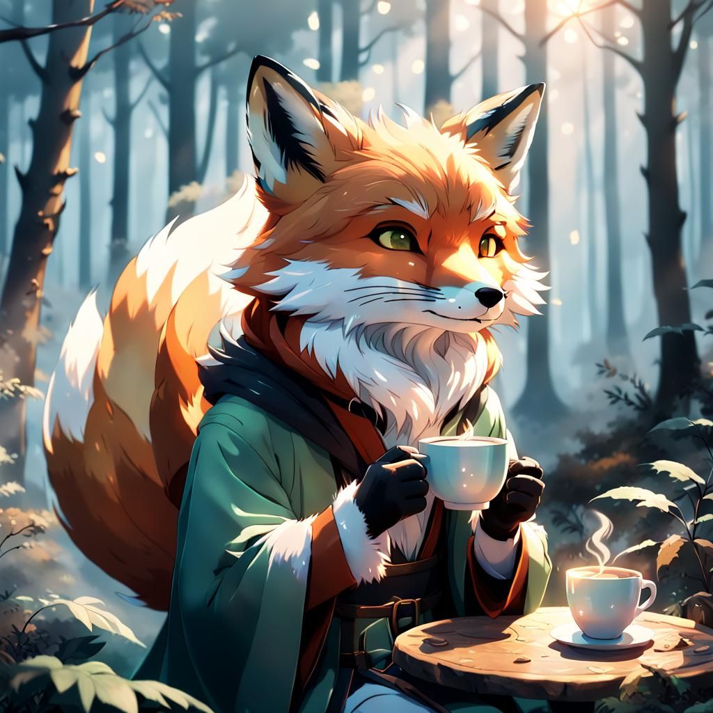 Fox with Coffee in Misty Forest: 3D Anime Art