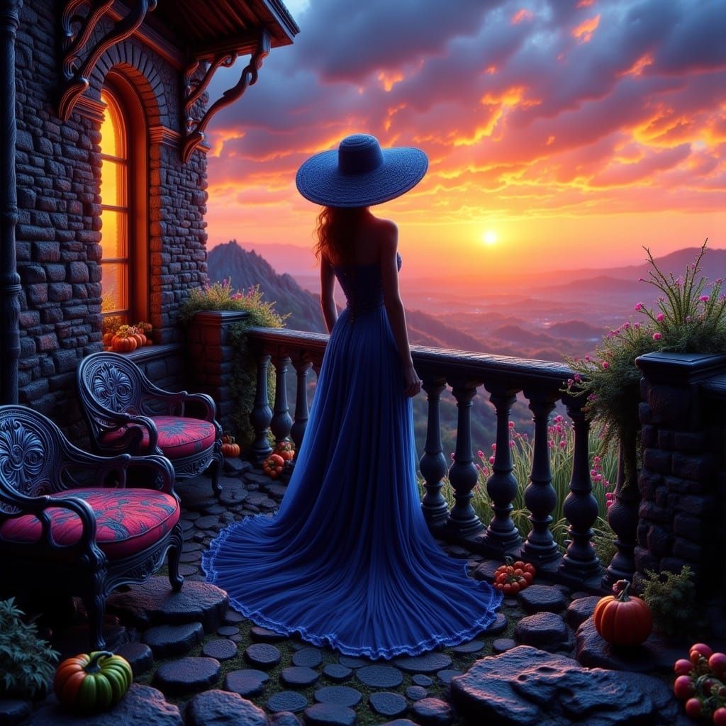 Sultry Sunset Balcony Scene in Vibrant Dark Colors