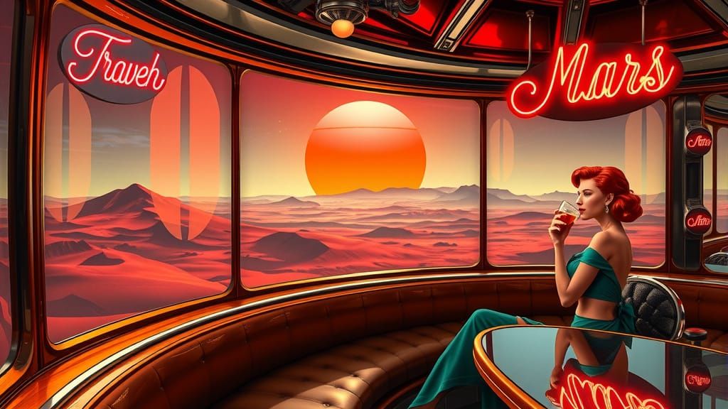 Retro-Futuristic Diner on Mars with Red-Haired Woman