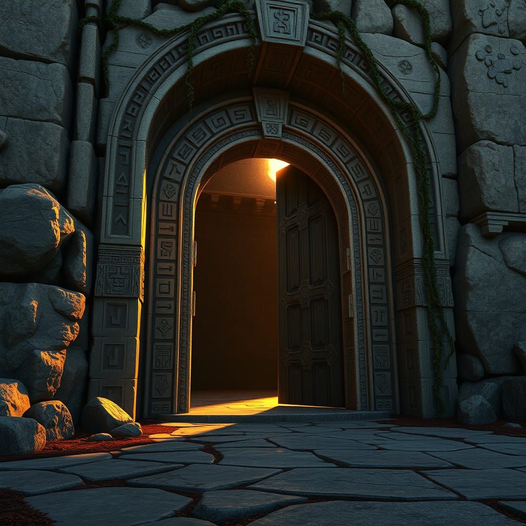 Ancient Stone Door Reveals Hidden Chamber in Golden Light