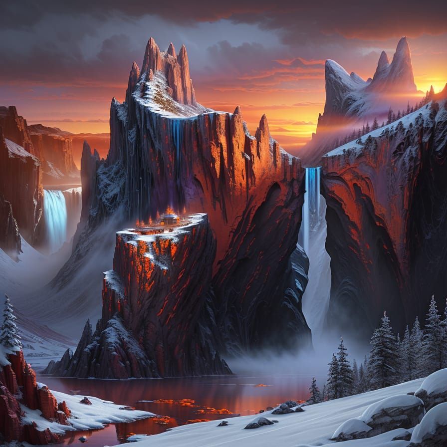 Alien Discovers Snowy Cabin in Dramatic Mountain Landscape