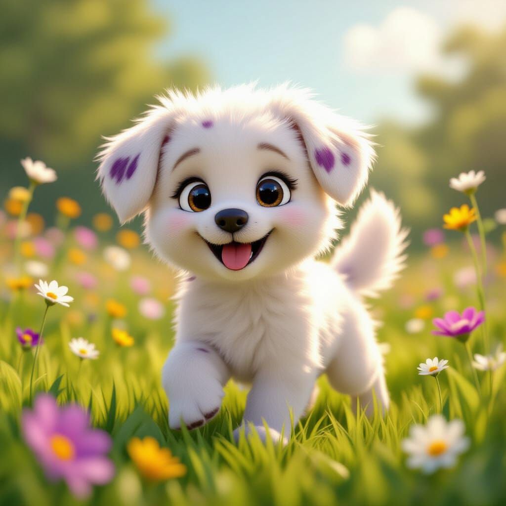 Fluffy White Puppy with Purple Spots in Meadow