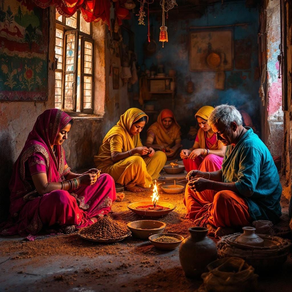 Indian Artisans Hand Rolling Incense in Workshop