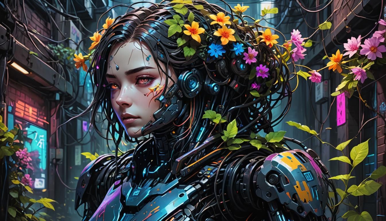Cyberpunk Anime Robot with Floral Vines in Alleyway