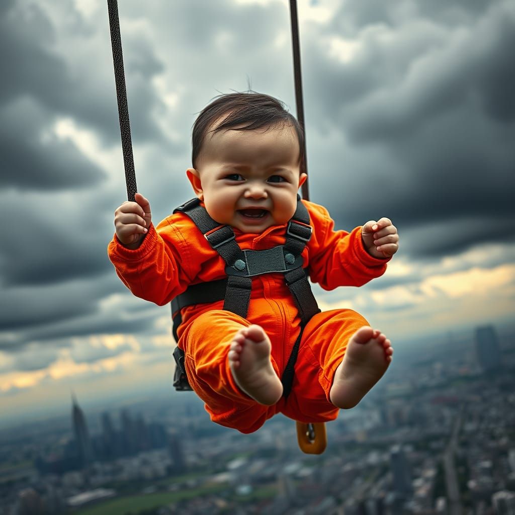 Hyperrealistic Baby Bungee Jumping Stunt
