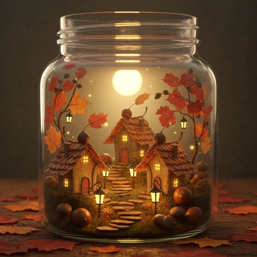 Autumn Leaf Village in Mason Jar Art Nouveau Style
