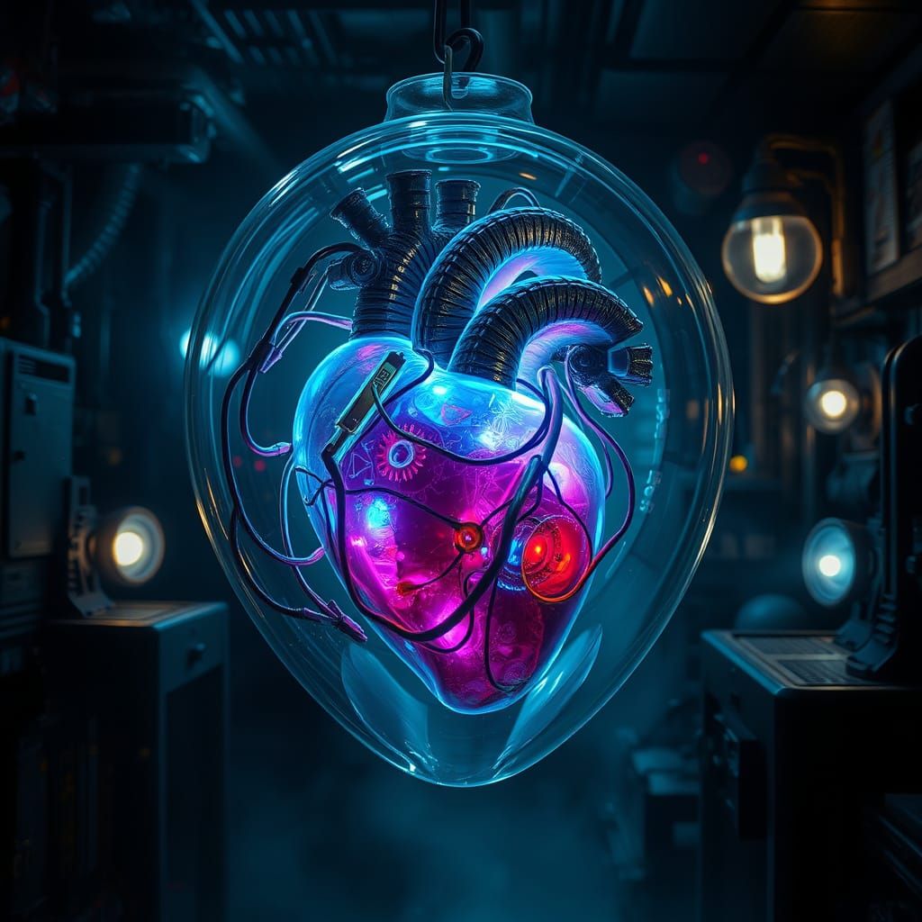 Bioluminescent Biomechanical Heart in Glass Case