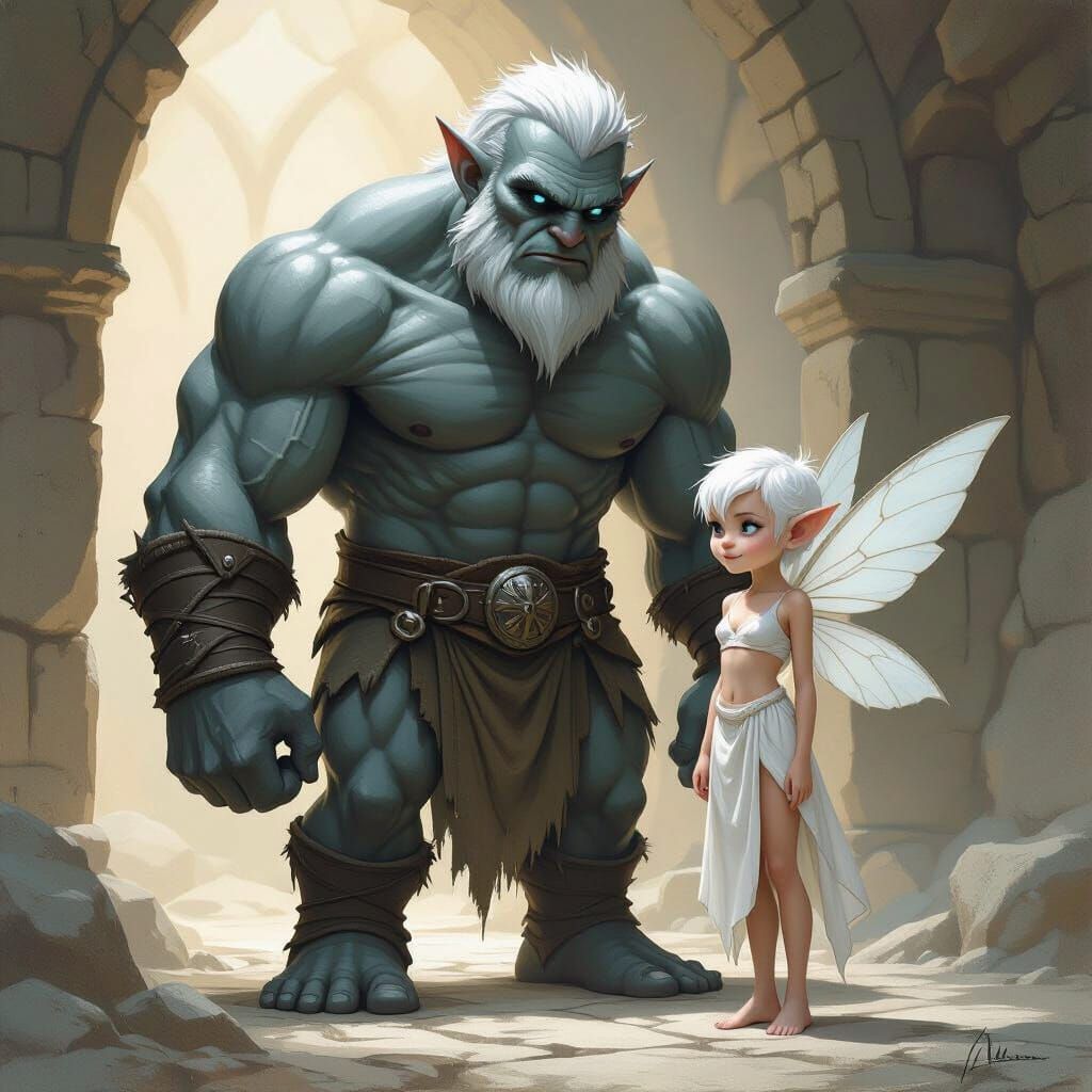 Colossal Stone Goliath Beside Ethereal Pixie