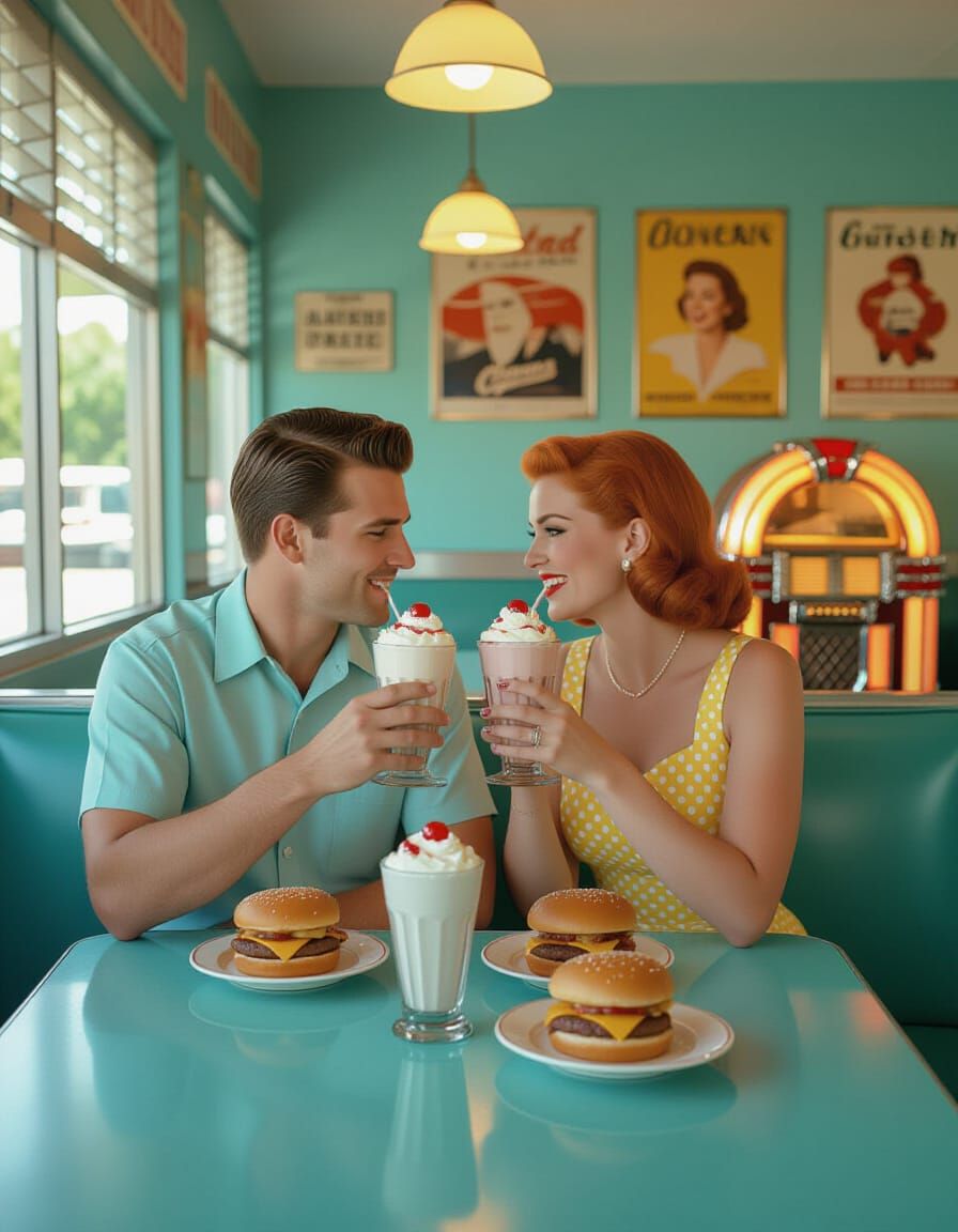 Romantic 1950s Diner Scene with Couple Sharing Milkshakes