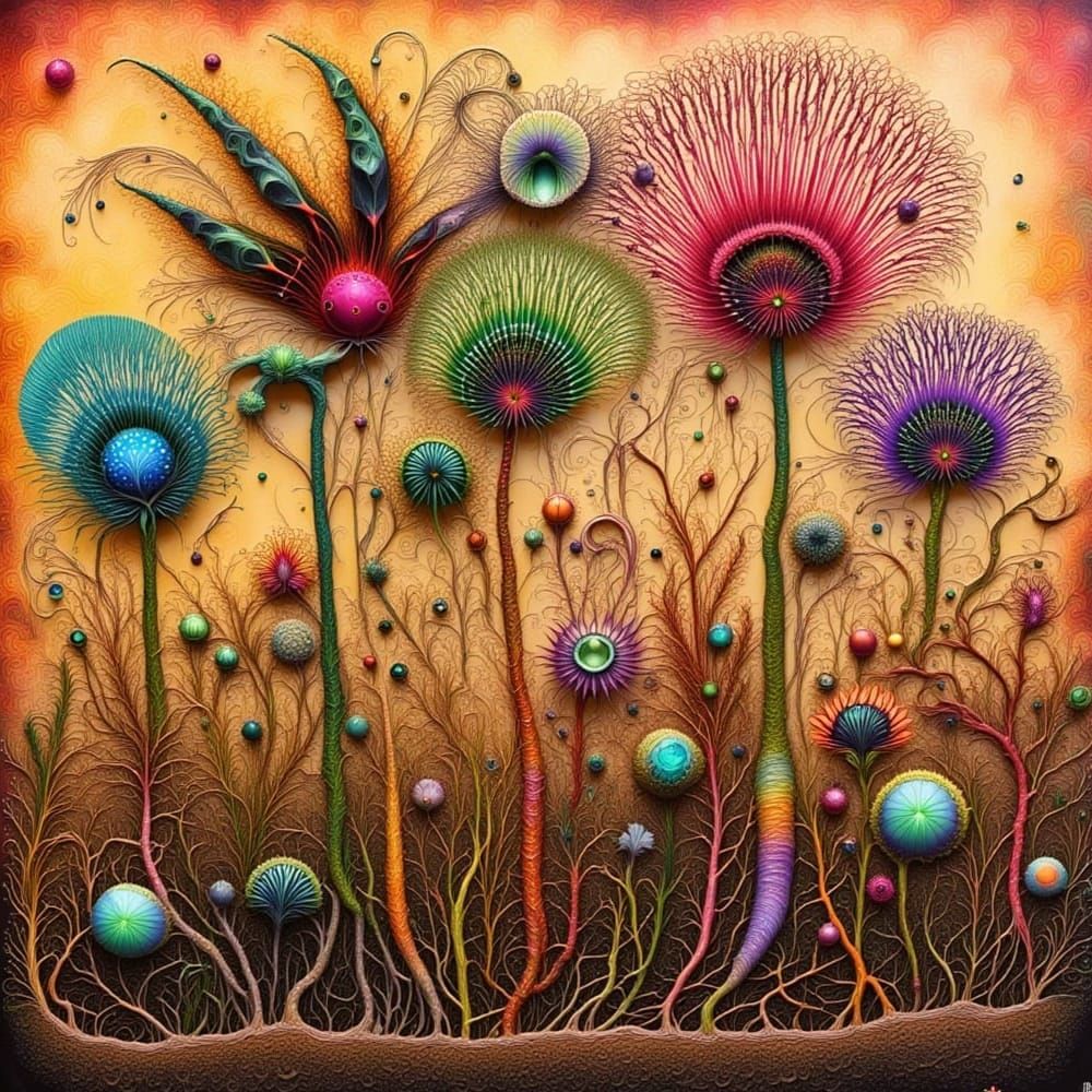 Intricate Floral Collage with Root Lines in Impasto Style