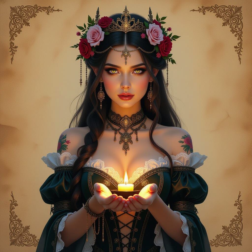 Mysterious Fairy Woman with Rose Crown in Golden Light