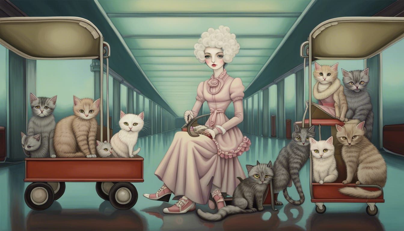 A woman with her cats in a trolley at the airport, beryl coo...