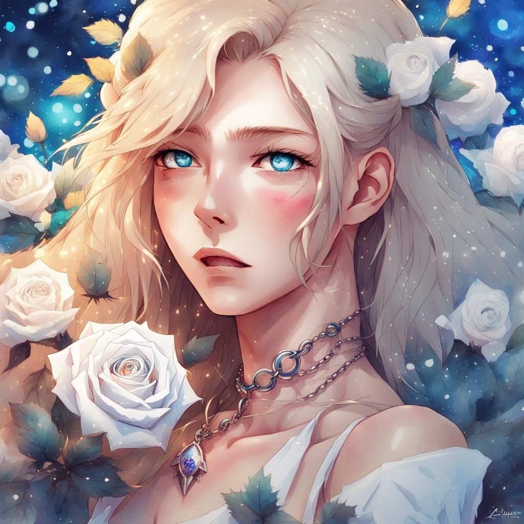 Sad Woman Portrait with Roses, in Anime Style