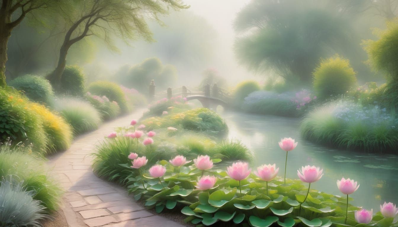 Surreal Japanese Garden in Soft Impressionist Hues