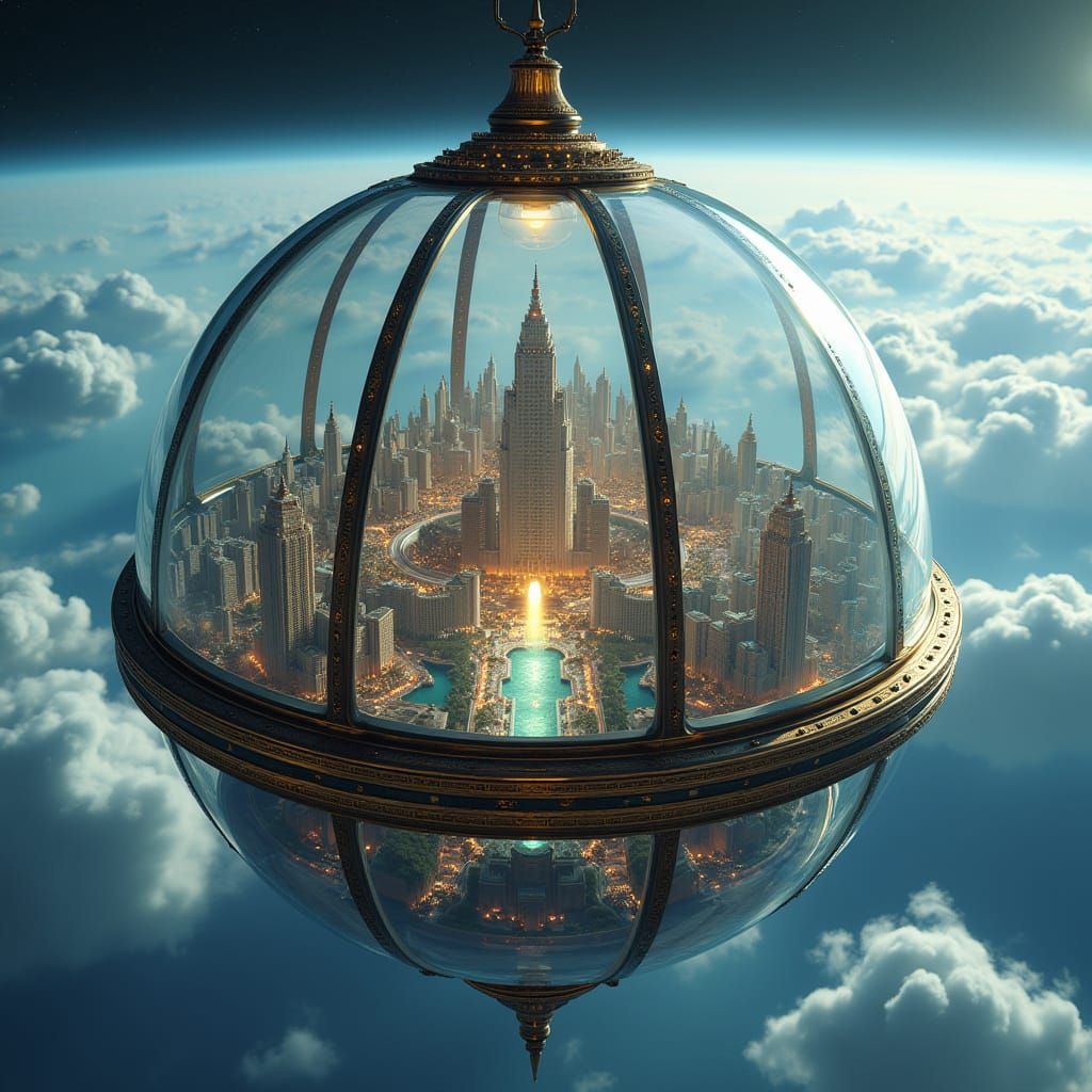 Photorealistic City Inside Glass Sphere Floating in Space