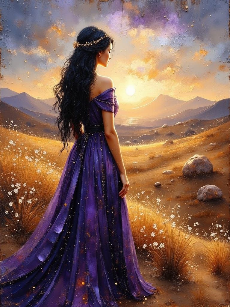 Middle Eastern Woman in Flowing Purple Dress, Oil Painting