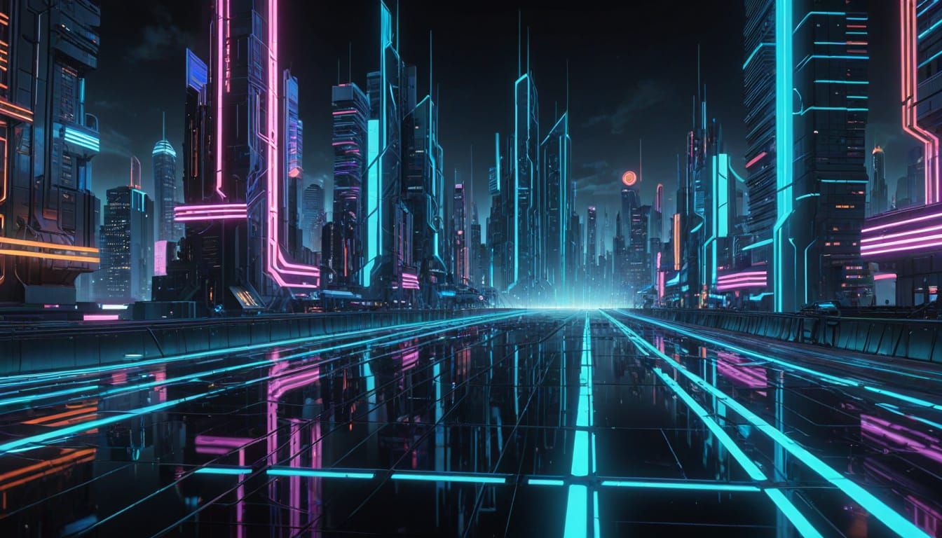 Neon Futuristic Program in Grid-Based Cityscape