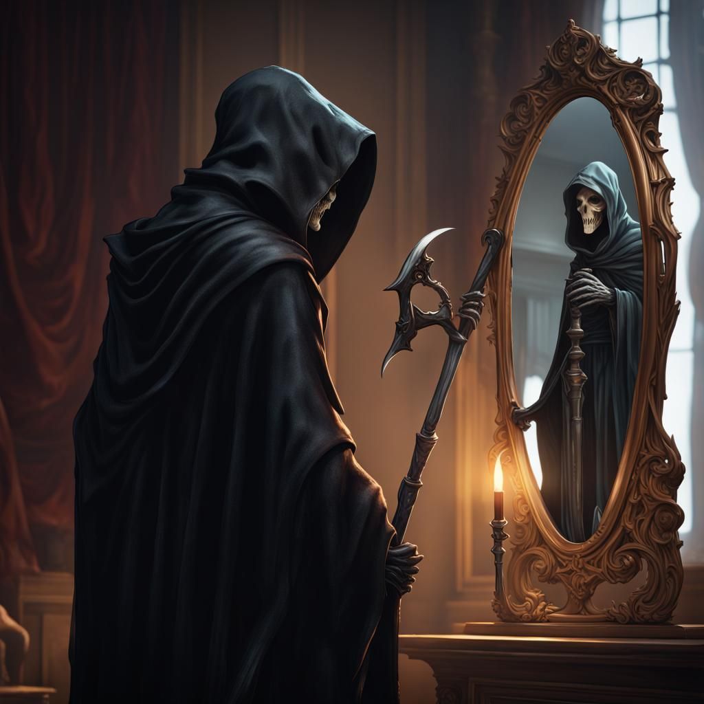 Grim Reaper and the Cat Mirror Reflection