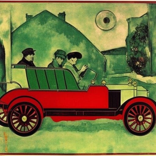 Professor in Red Car, Vintage Painting Style
