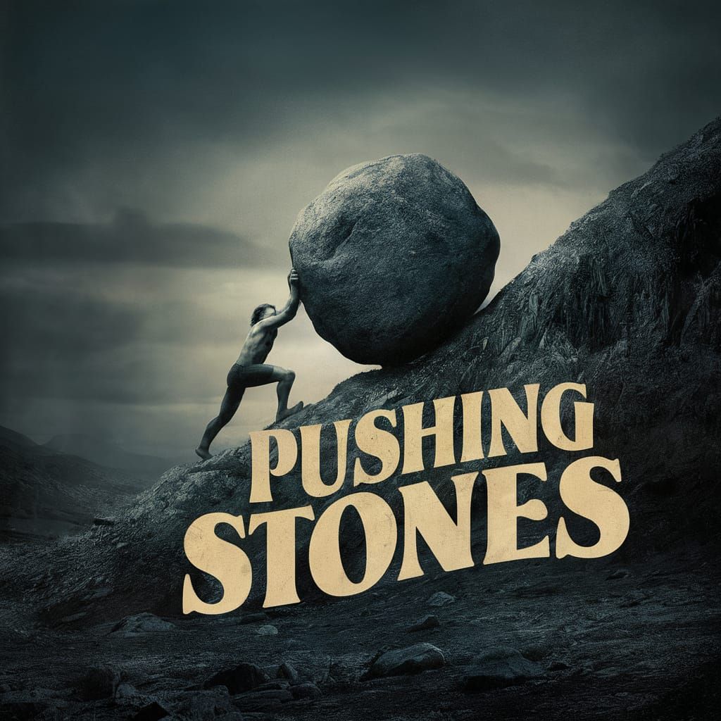 Sisyphus Album Cover Art: Pushing Stones in 70s Font