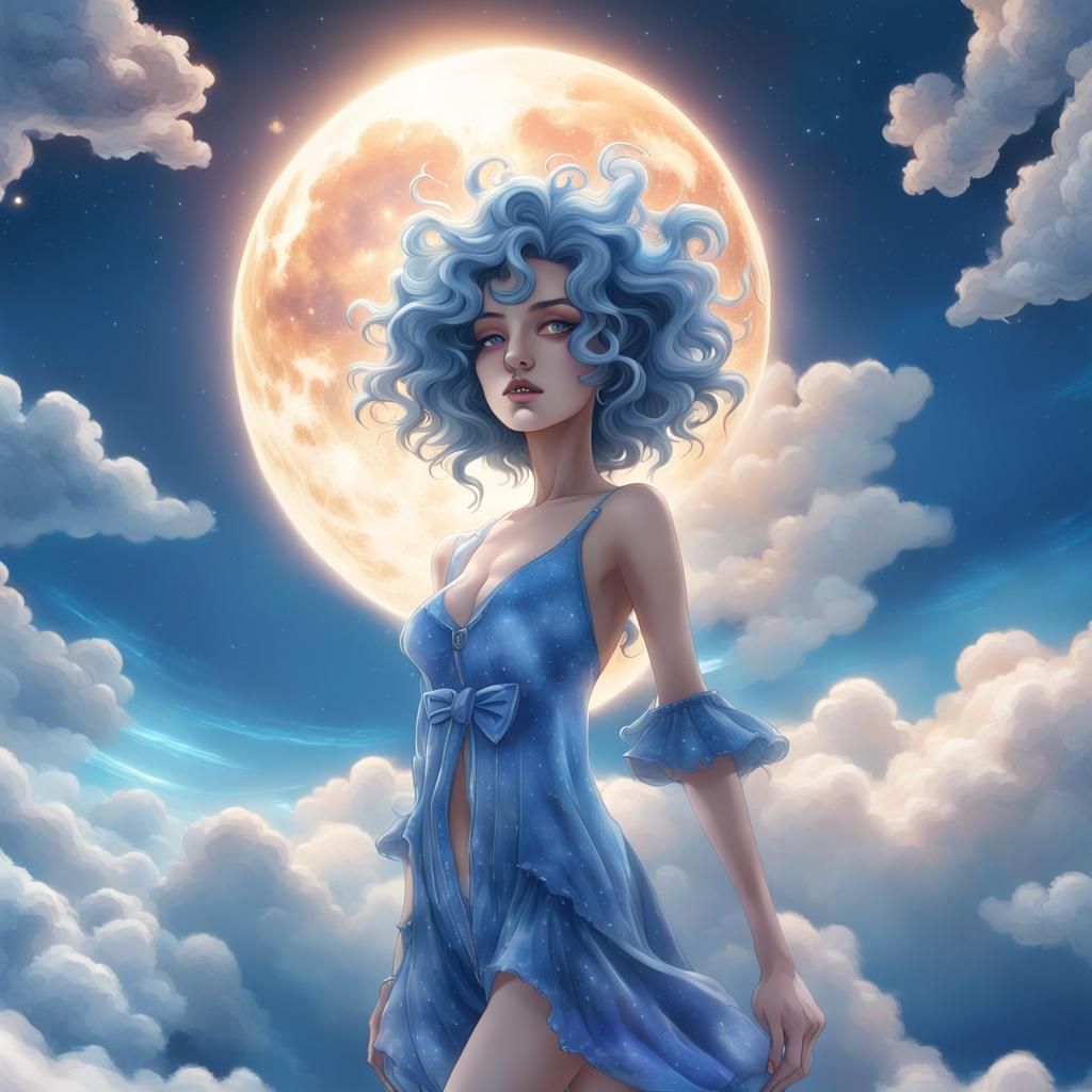 Blue Anime Model Sunbathing in Milky Way