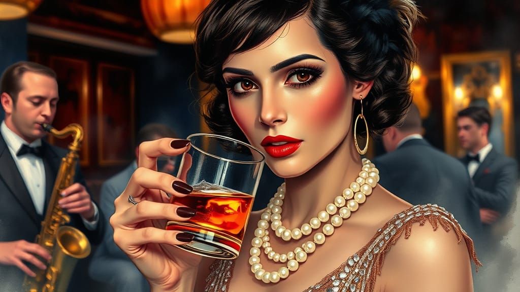 1920s Flapper in Speakeasy, Watercolor Art Nouveau Style