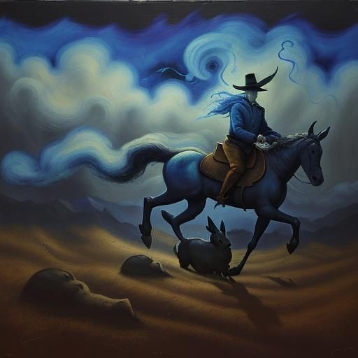 Rabbits Ride South in Surrealist Oil Painting