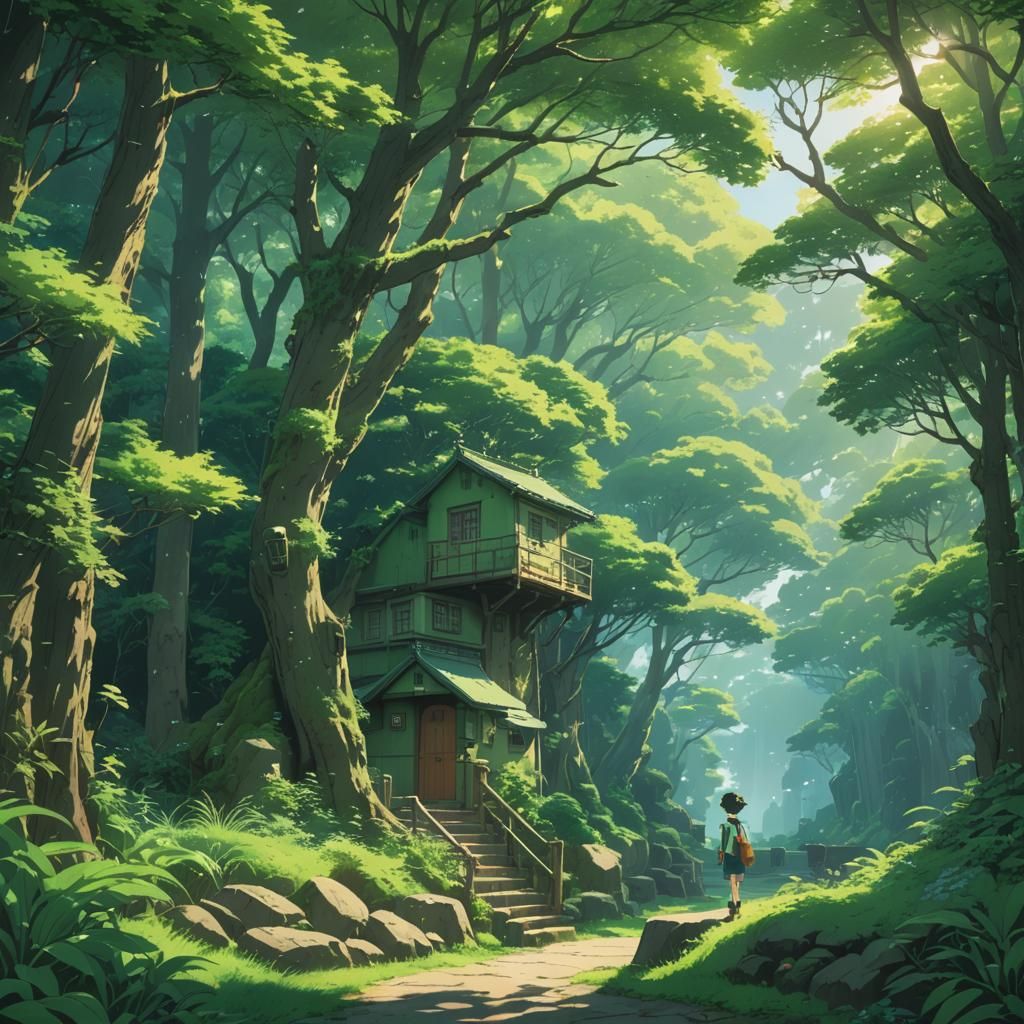 Lush Green Landscape in Studio Ghibli Style