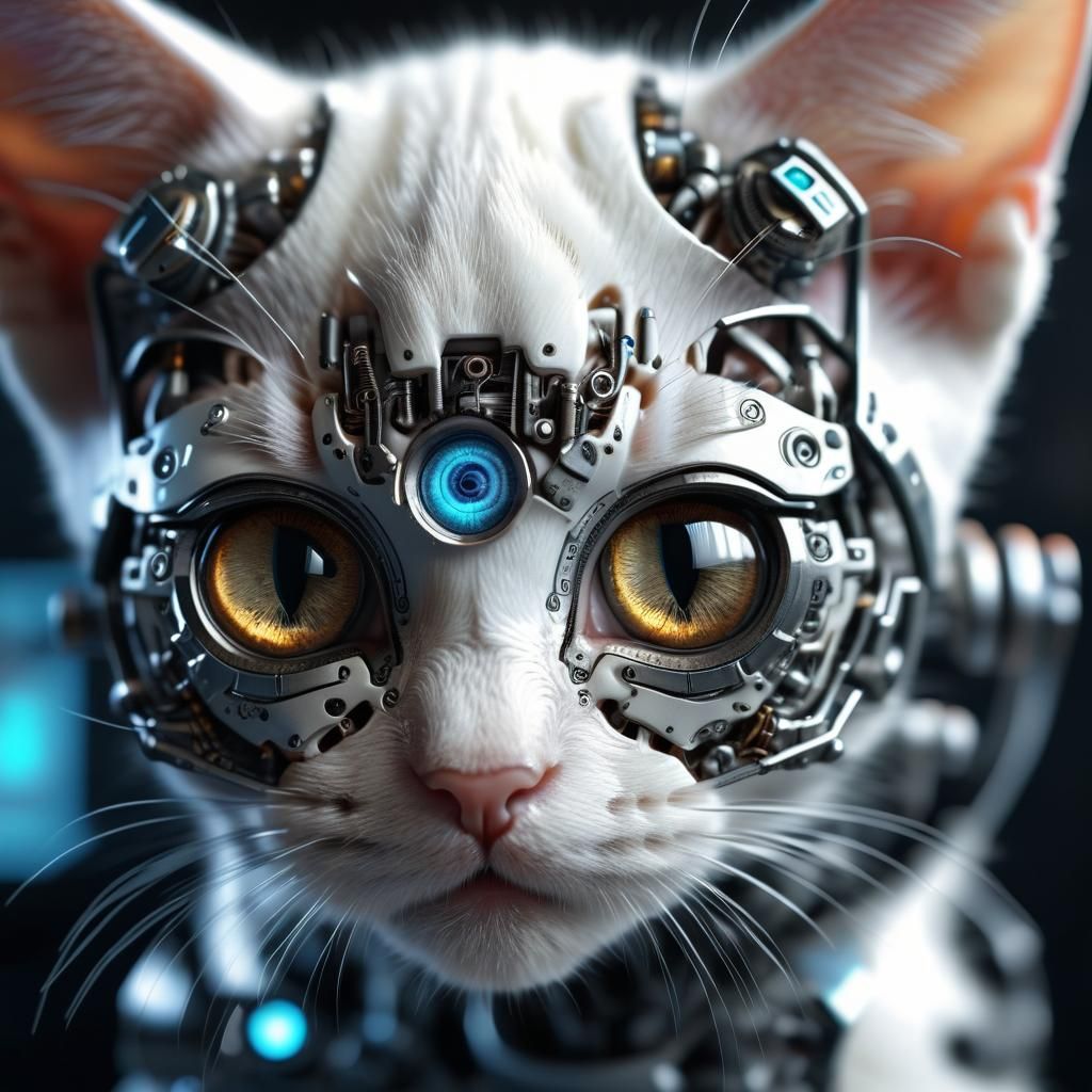 Cybernetic Kitten with a Detailed Robotic Eye