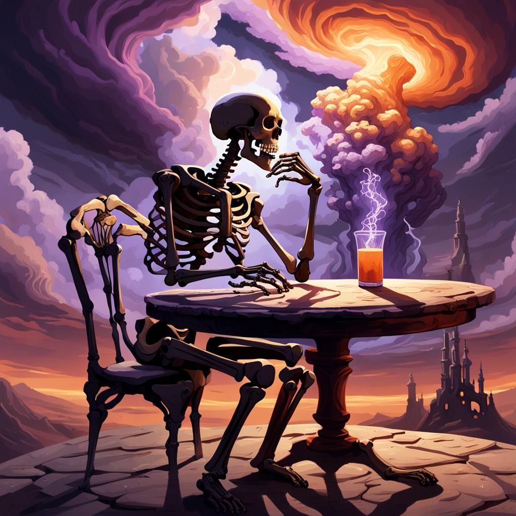 Skeleton Contemplates Atomic Explosion: Dark Fantasy Art